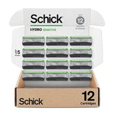 Schick Hydro paquete frontal mostrando 12 recambios y beneficio de reserva prolongada