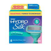 Schick Hydro Silk empaque frontal mostrando pack de 6 recambios y conveniencia