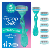 Schick Hydro Silk vista frontal del paquete con mango y recambios mostrando duración