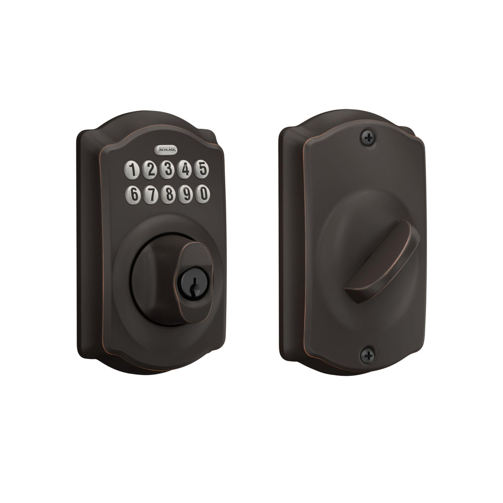 SCHLAGE cerradura Camelot frontal mostrando teclado iluminado y acabado bronce envejecido, seguridad estética
