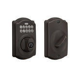 SCHLAGE cerradura Camelot frontal mostrando teclado iluminado y acabado bronce envejecido, seguridad estética