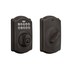 SCHLAGE cerradura Camelot frontal mostrando teclado iluminado y acabado bronce envejecido, seguridad estética