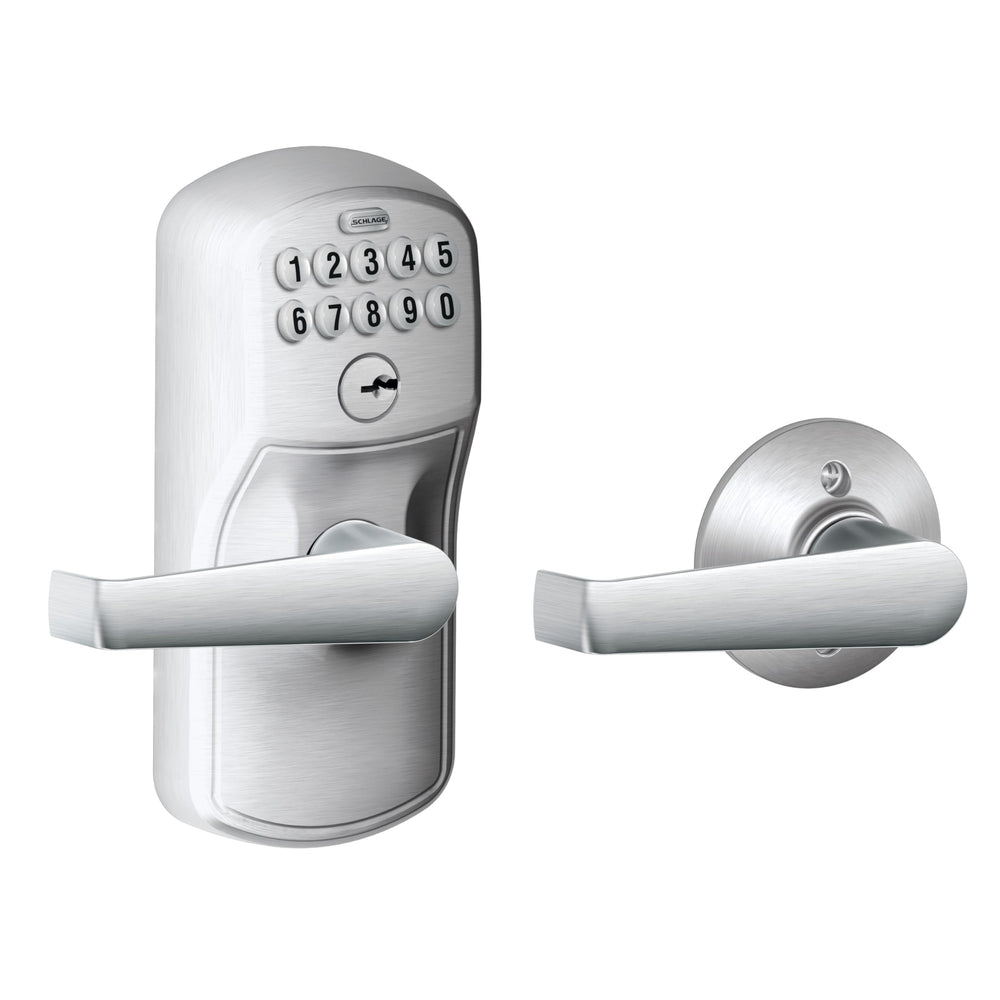 SCHLAGE cerradura frontal Camelot en Satin Chrome mostrando diseño y seguridad