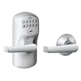 SCHLAGE cerradura frontal Camelot en Satin Chrome mostrando diseño y seguridad