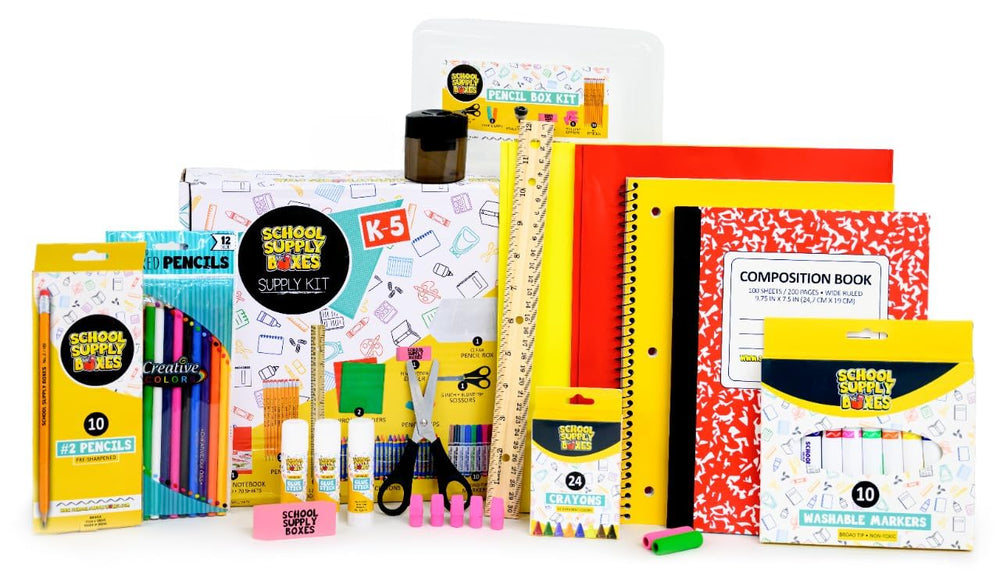 School Supply Boxes vista frontal del empaque que facilita compras escolares rápidas