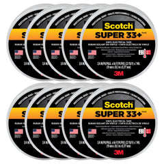 Scotch Super 33+ vista frontal del rollo mostrando tamaño y color negro, durabilidad visible