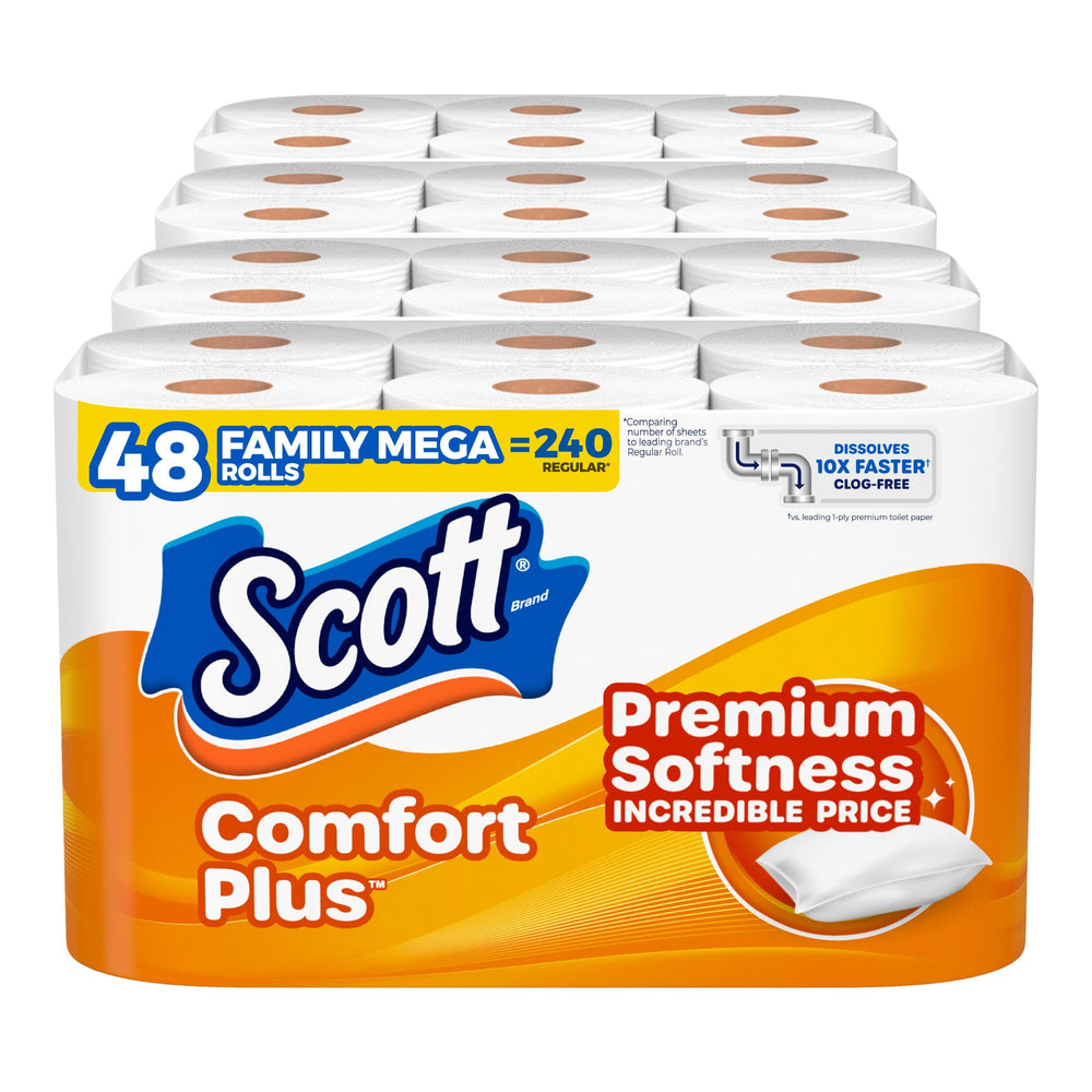 Scott empaque frontal mostrando 48 Family Mega Rolls y ahorro