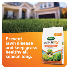 Close view of Scotts DiseaseEx bag label highlighting coverage and usage benefits