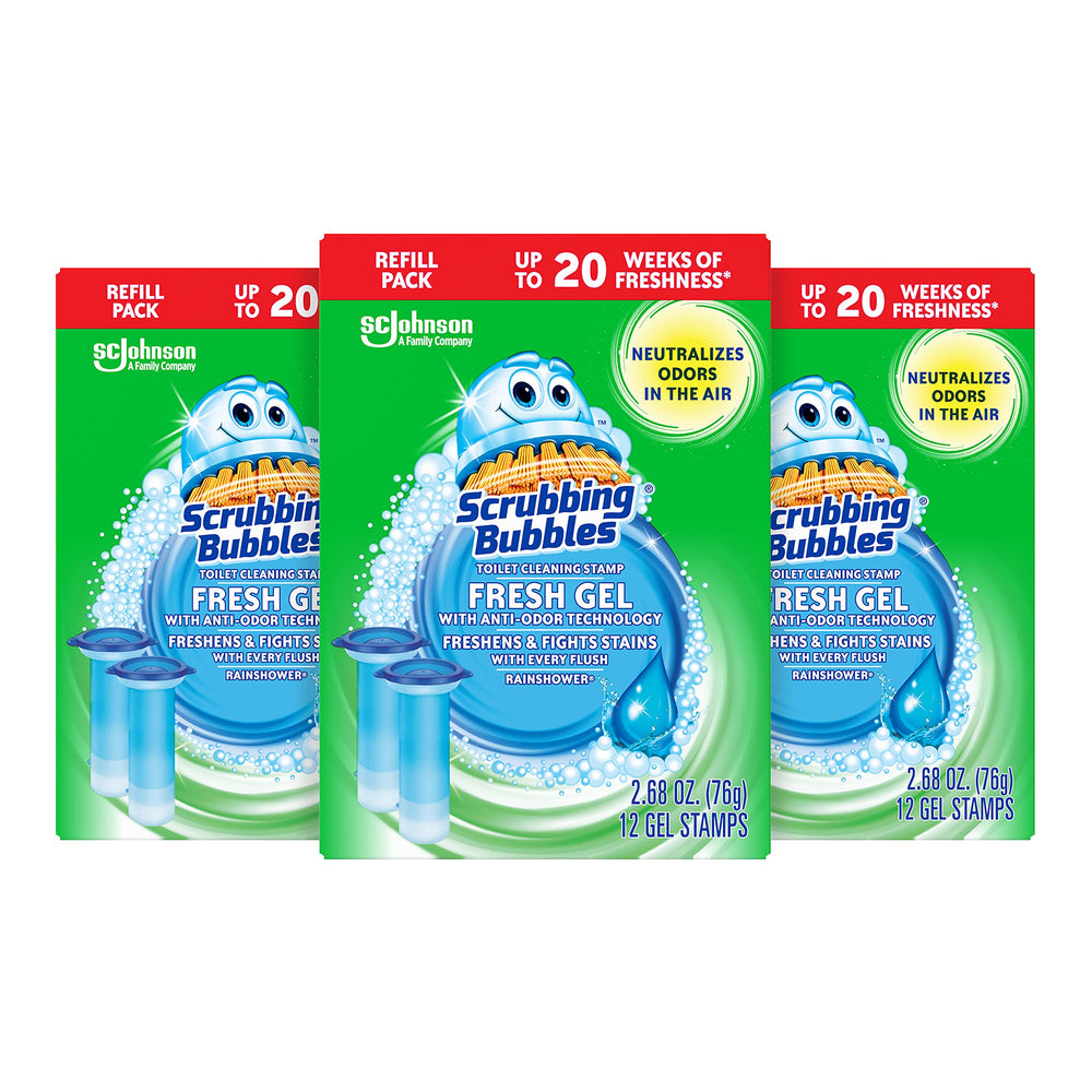 Scrubbing Bubbles paquete frontal Rainshower mostrando recambios y fragancia