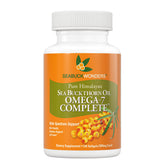 SEABUCKWONDERS frasco delantero mostrando 120 softgels y pureza orgánica