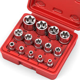 SEDY vista frontal del estuche rojo con 14 vasos E-TORX, organización rápida