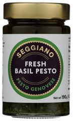 Seggiano pesto albahaca frente mostrando etiqueta y textura cremosa para cocinar