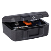 SentrySafe vista frontal de la caja ignífuga negra mostrando diseño compacto y protección
