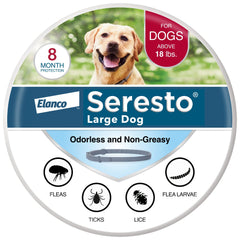 Seresto collar en empaque frontal mostrando marca y beneficio de protección prolongada