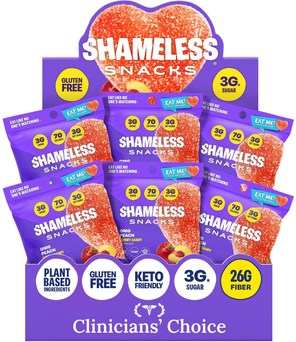 Shameless front packaging showing peach sour gummies and low sugar benefit