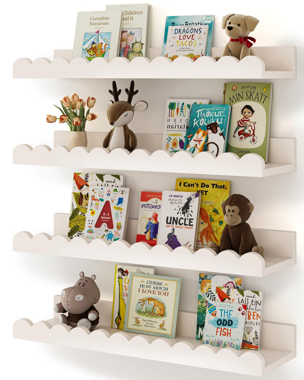 Shario estantería frontal pack de cuatro repisas blancas organizando libros
