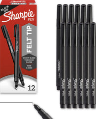 Sharpie empaque frontal mostrando 12 bolígrafos negros y organización clara