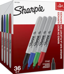 Sharpie empaque frontal mostrando 36 marcadores y surtido de colores útil para oficinas