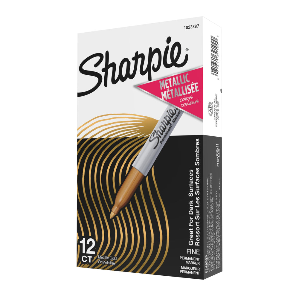 Sharpie marcador oro frontal con embalaje mostrando el producto y brillo