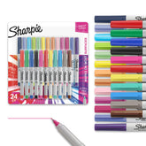 Sharpie empaque frontal mostrando los 24 colores y beneficio de variedad