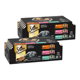 Sheba caja frontal variedad mostrando bandejas porcionadas y beneficios de conveniencia