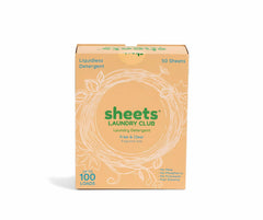 Sheets Laundry Club empaque frontal compacto muestra 50 hojas y ahorro