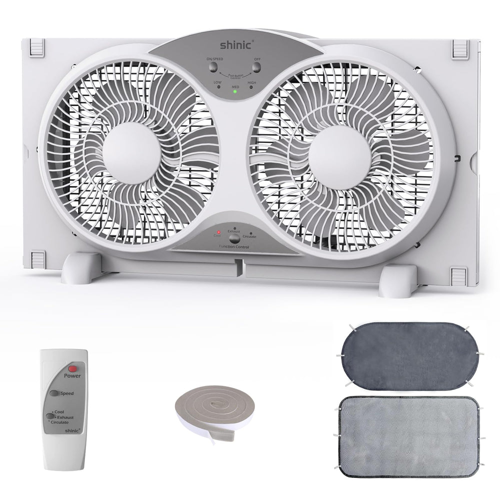 Ventilador shinic frontal instalado en ventana mostrando diseño compacto y eficiencia