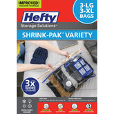 Shrink-Pak frente del empaque mostrando 3 Large y 3 XL para ahorro de espacio
