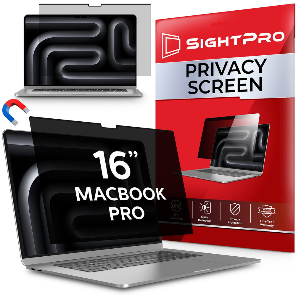 SightPro vista frontal del filtro colocado en MacBook Pro mostrando privacidad