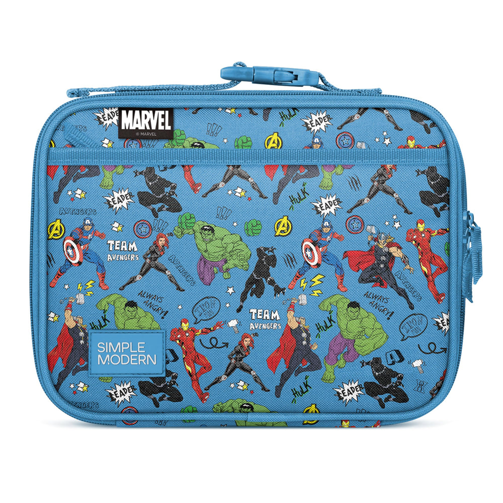 Simple Modern Hadley vista frontal con diseño Marvel Avengers y cierre fácil