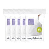 simplehuman paquete frontal de 100 bolsas Code G mostrando el diseño y conveniencia
