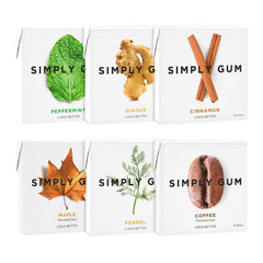 SIMPLY Gum frente del paquete variedad mostrando los seis envases y beneficios