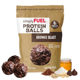 simplyFUEL empaque frontal Brownie Blast mostrando tamaño y resealable