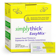 SimplyThick empaque frontal mostrando 100 sobres y beneficio de preparación rápida