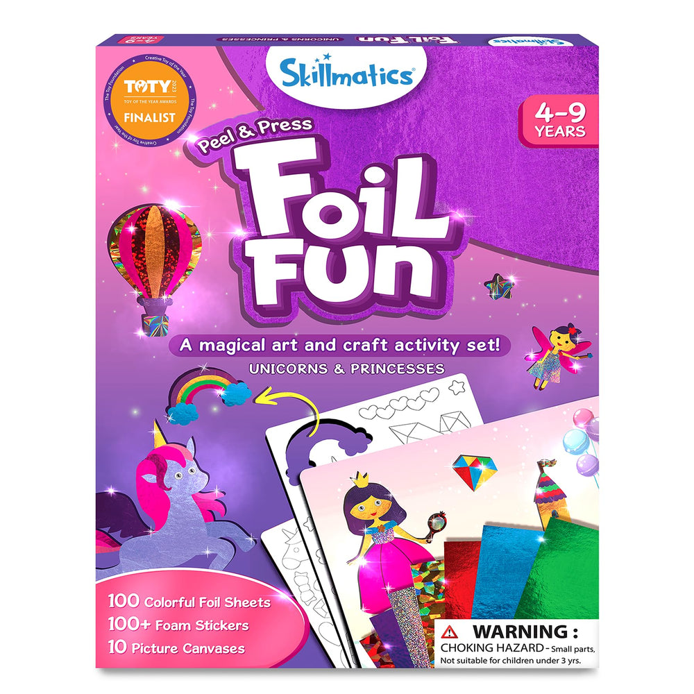 Skillmatics empaque frontal del kit foil, muestra contenido y beneficio educativo