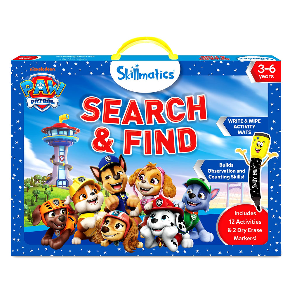 Skillmatics caja frontal PAW Patrol mostrando contenido para juego educativo