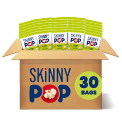 SkinnyPop frente de caja con 30 bolsas, muestra conveniencia de porciones