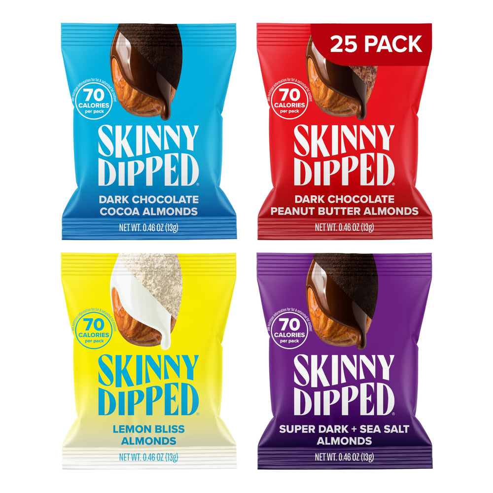 SKINNYDIPPED frente del paquete Snack Attack Minis mostrando 25 mini bolsas y conveniencia