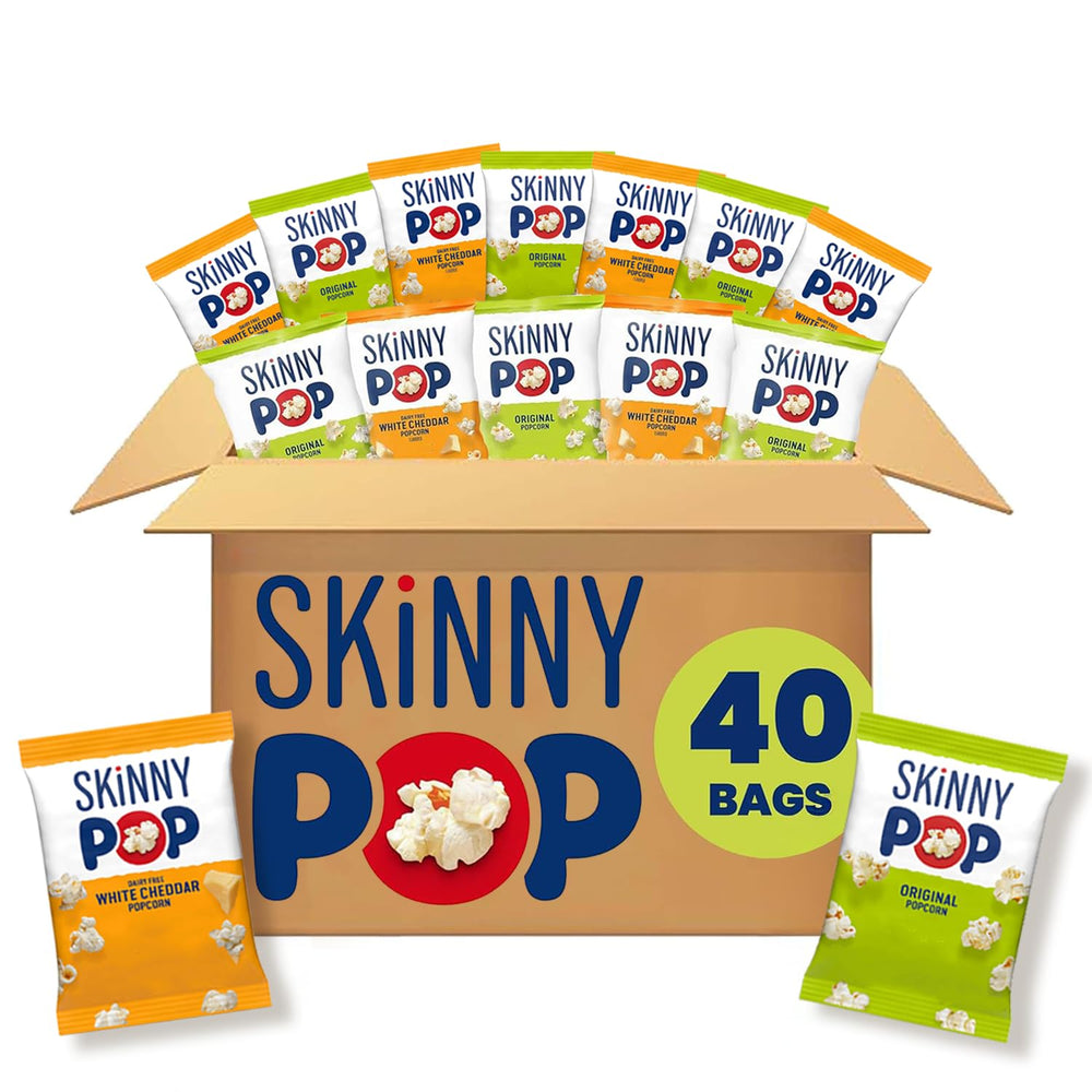 SkinnyPop front packaging showing both Original and White Cheddar for easy identification and quick grab