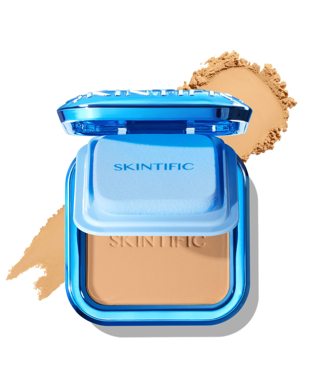 SKINTIFIC polvo compacto frontal mostrando diseño y tono 04 Beige, ideal para cobertura total