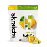 Skratch Labs frasco delantero Lemon Lime muestra tamaño y beneficios de hidratación