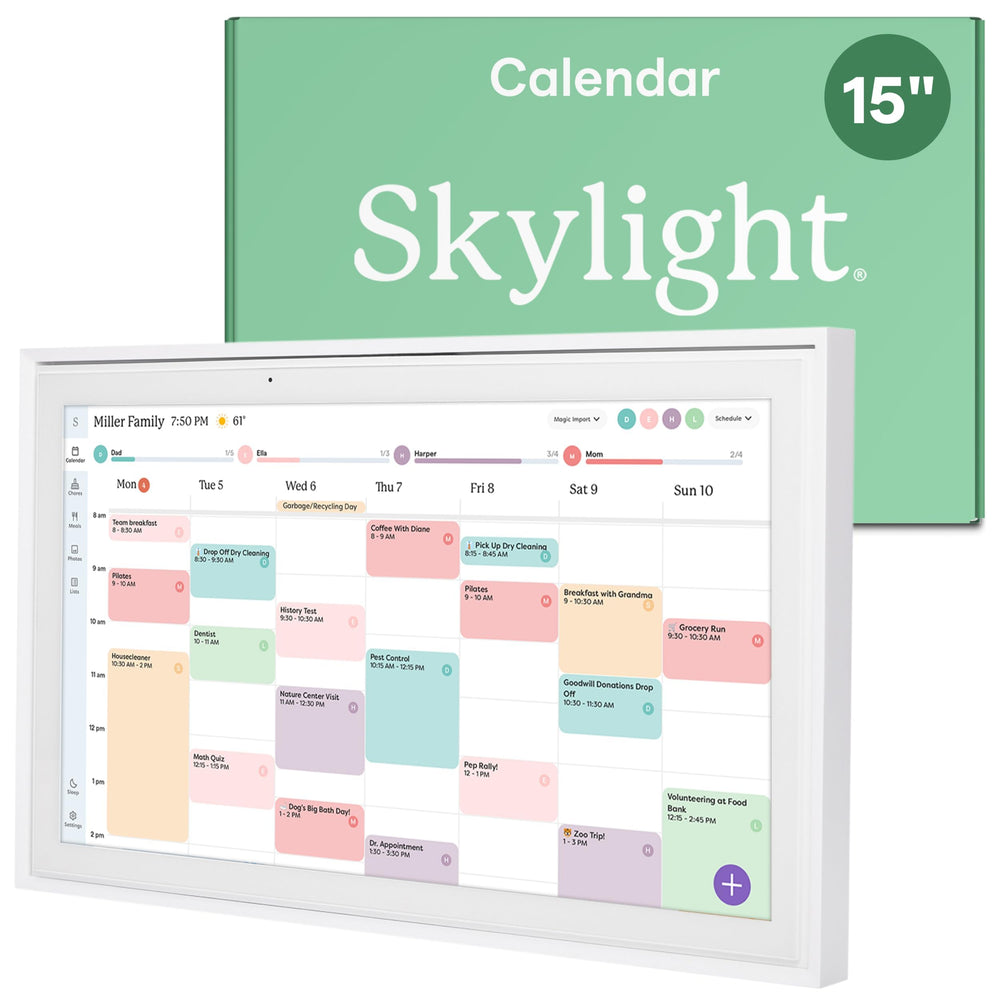 Skylight frontal montado en pared mostrando calendario familiar claramente