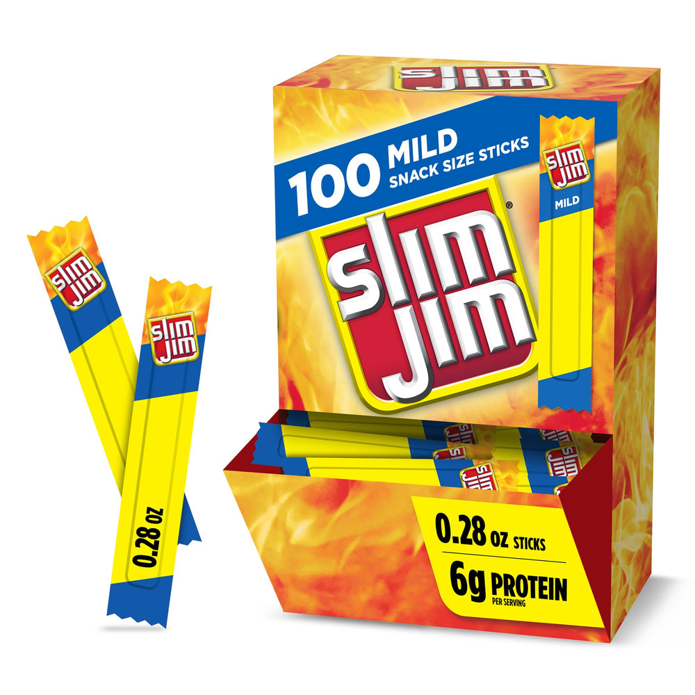 Slim Jim empaque frontal mostrando caja y diseño, conveniencia inmediata