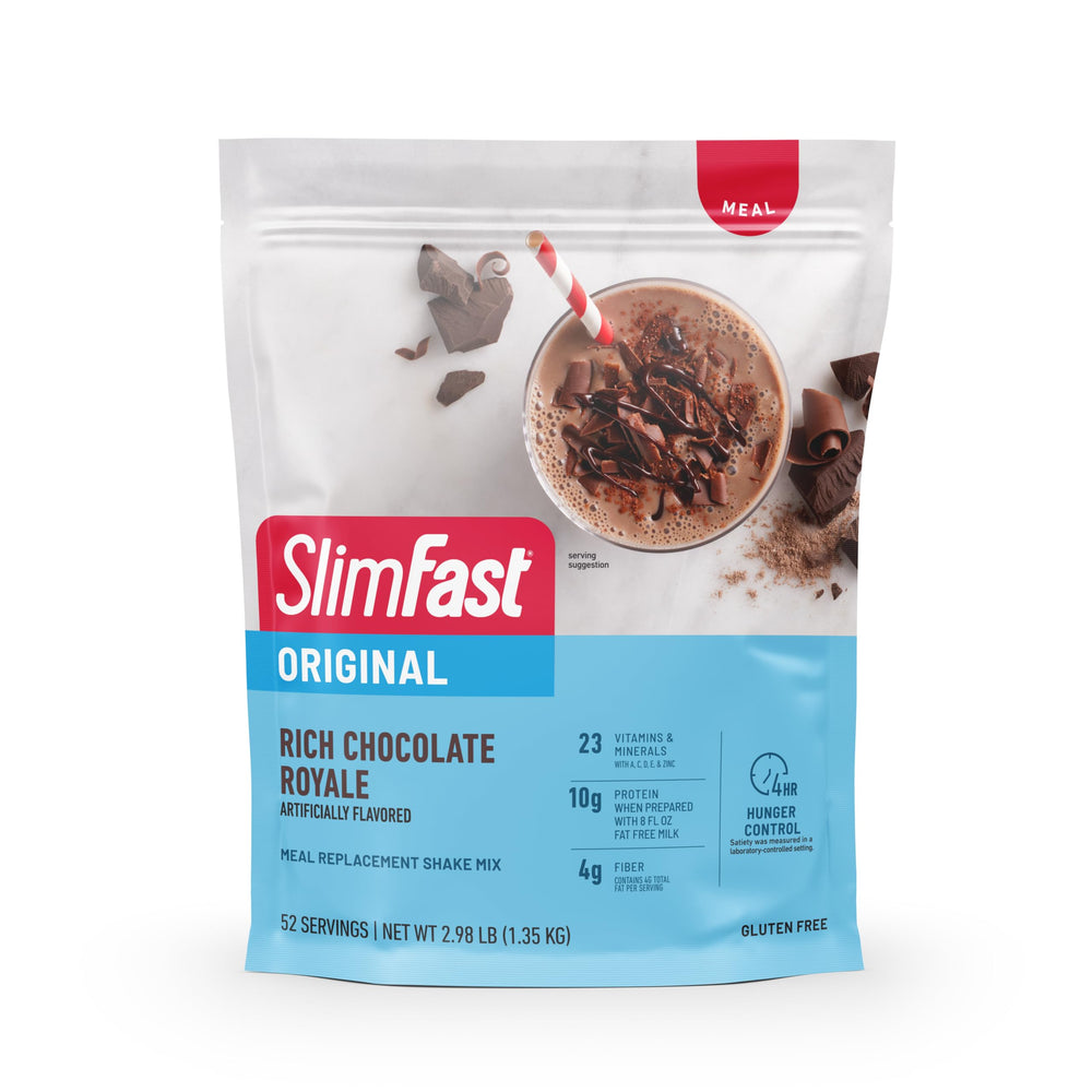 SlimFast frente del empaque mostrando formato y sabor Chocolate Royale