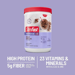 SlimFast lata junto a una mano para mostrar tamaño y porciones prácticas