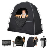 SlumberPod frontal sobre Pack N Play mostrando privacidad y oscuridad