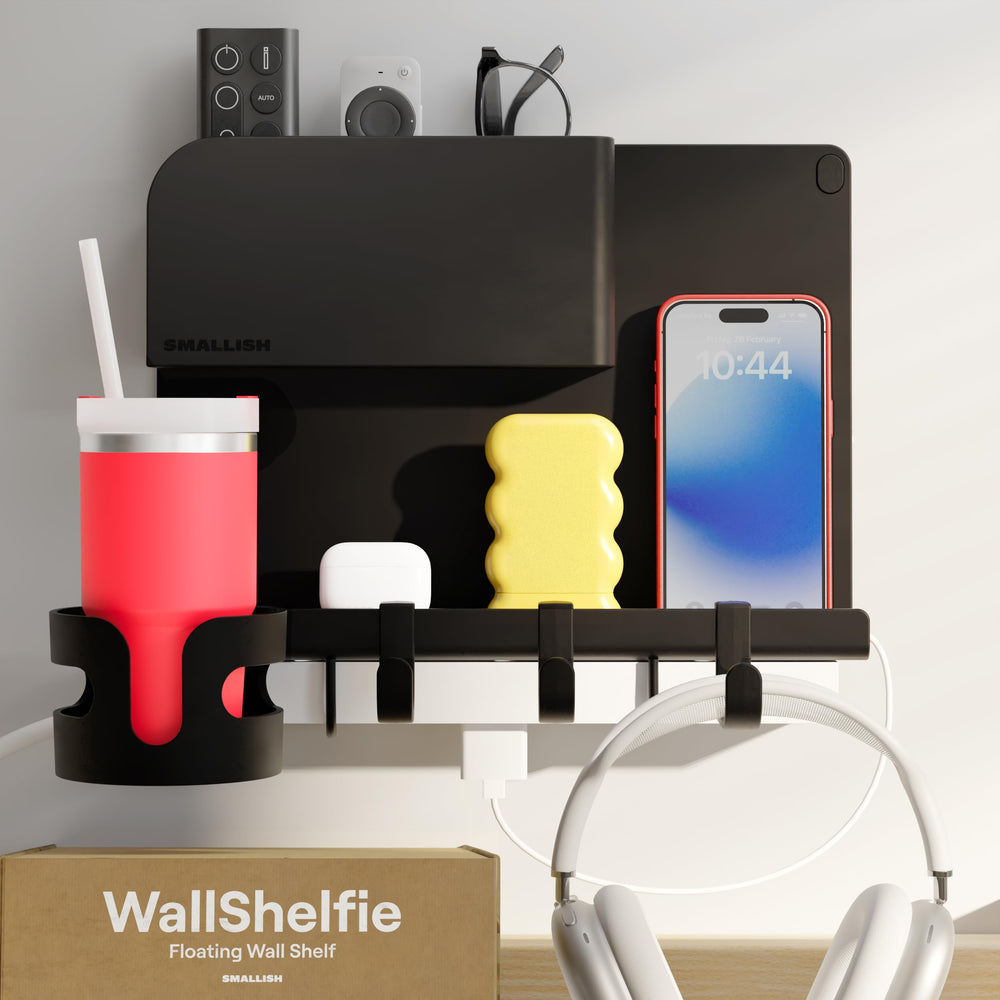 Smallish WallShelfie 2.0 frontal mostrando la repisa negra y ahorro de espacio