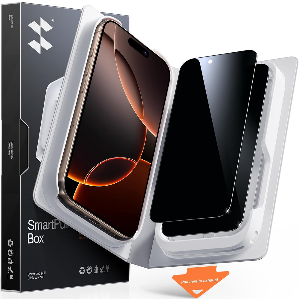 SMARTDEVIL vista frontal del empaque mostrando compatibilidad con iPhone 16 Pro Max y beneficio de privacidad