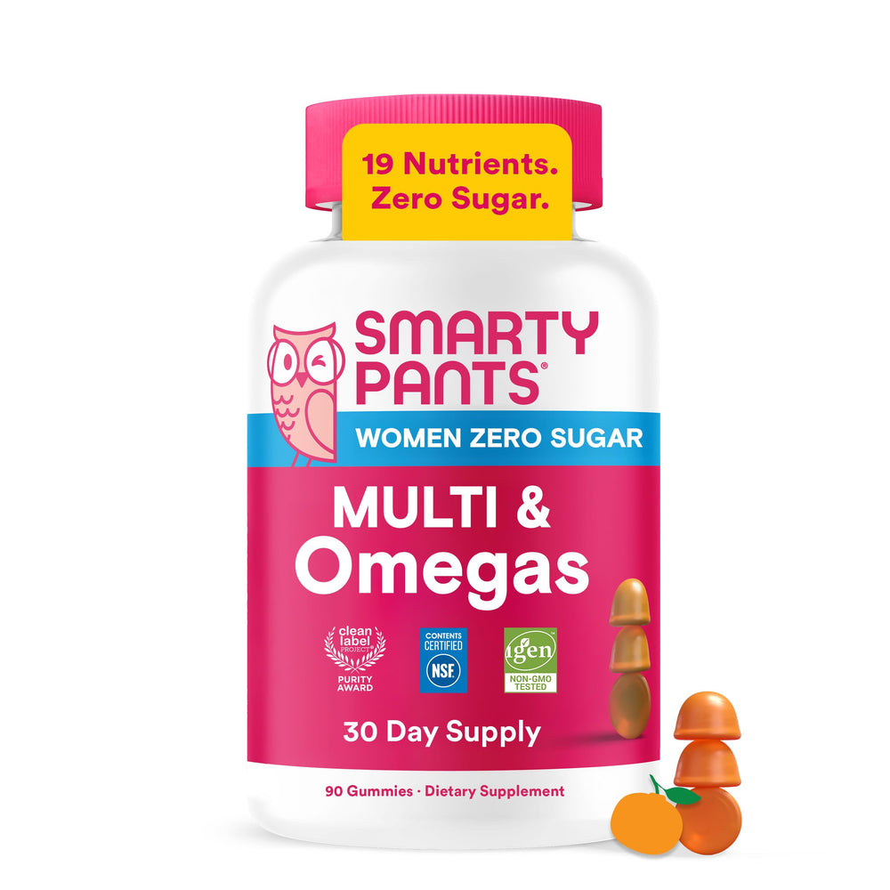 SmartyPants frente del envase mostrando 90 gomitas y beneficios
