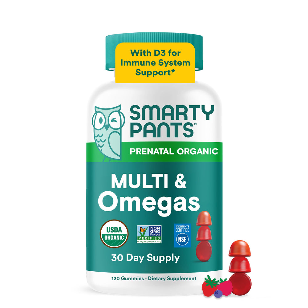 SmartyPants caja frontal del prenatal mostrando etiqueta orgánica y beneficios